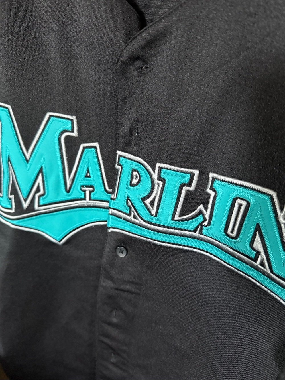 Russell Athletic Black Miami Marlins Button-Up Jersey with Teal Logo - Picture 2 of 7